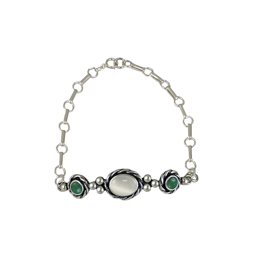 Sterling Silver Gemstone Adjustable Chain Bracelet With White Moonstone And Jade